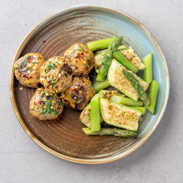 Cheddar & Beef Meatball with Marrow & Asparagus Mix